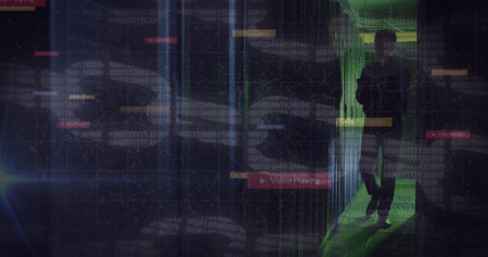 Image of data processing over server room. Cloud computing, digital interface and security concept...