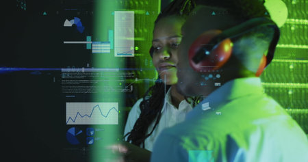 Image of data processing over diverse it engineers by computer servers. Global data processing,...