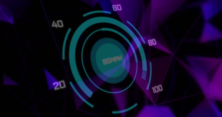 Image of speedometer over dark background. Cloud computing, digital interface and security concept digitally generated image.の写真素材