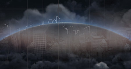Image of social media icons over globe and cityscape. global social media, communication, digital interface, technology and networking concept digitally generated image.の写真素材