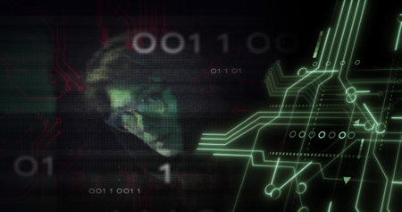 Image of data processing over integrated circuit and caucasian male hacker. Global data safety,...