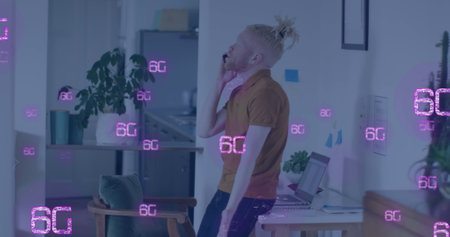 Image of 6g texts over albino african american man using smartphone. Global business and digital interface concept digitally generated image.の写真素材