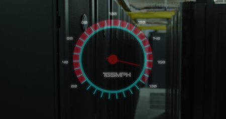 Image of speedometer over server room. Cloud computing, digital interface and security concept...
