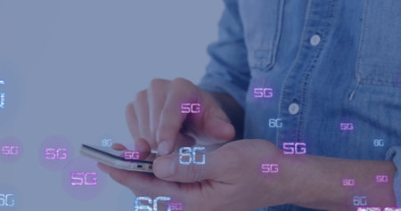 Image of 6g texts over caucasian man using smartphone. Global business and digital interface concept...