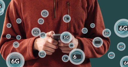 Image of 6g texts over caucasian man using smartphone. Global business and digital interface concept digitally generated image.の写真素材