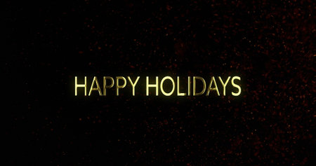 Image of happy holidays text over particles on black background. Christmas, tradition and celebration concept digitally generated image.の写真素材