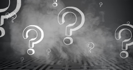 Image of smoke and white question marks floating over grey maze. Decisions, confusion, education and learning, digitally generated image.の写真素材
