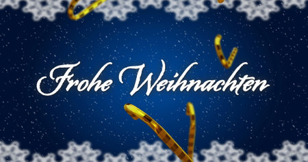Image of frohe wihnachten text over candy canes on blue background. Christmas, tradition and celebration concept digitally generated image.の写真素材