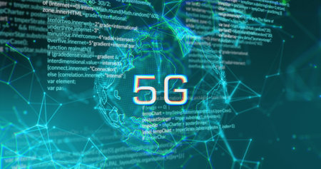Image of 5g over globe, connections data and digital screen. Global connections, communication, network, data and technology concept digitally generated image.の写真素材