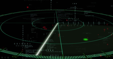 Image of data processing with scope scanning on black background. Global online security, business, finance, computing and data processing concept digitally generated image.の写真素材