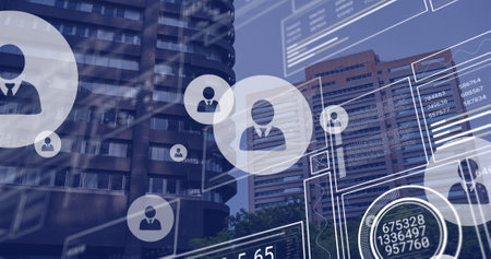Image of data processing with icons over cityscape. Global online security, business, finance, computing and data processing concept digitally generated image.の写真素材
