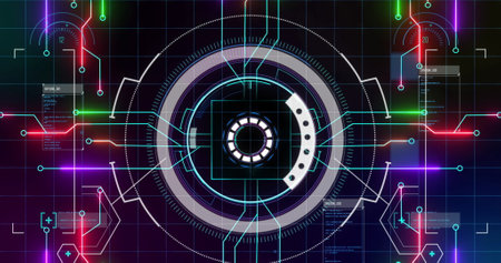 Image of processing circle over integrated circuit and colorful lights in digital space. Digital screen, interface, computers, data and technology concept digitally generated image.の写真素材