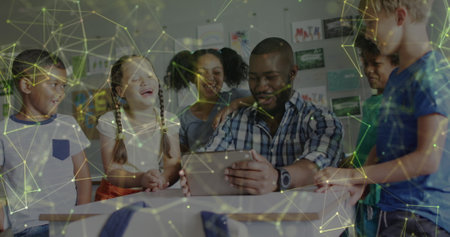 Image of networks over happy african america male teacher and pupils using tablet in class....