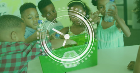 Image of clock over diverse schoolchildren recycling plastic in class. Ecology, school, education,...