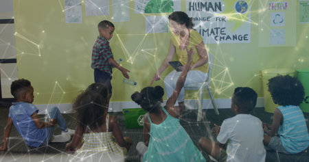 Image of networks over happy diverse female teacher and schoolboy recycling in ecology class....