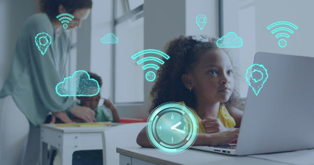 Image of internet icons over happy biracial schoolgirl using laptop in diverse. Communication,...
