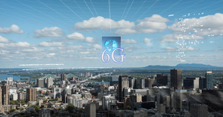 Image of 6g text, data processing and cityscape. Global business, finance, computing and data...