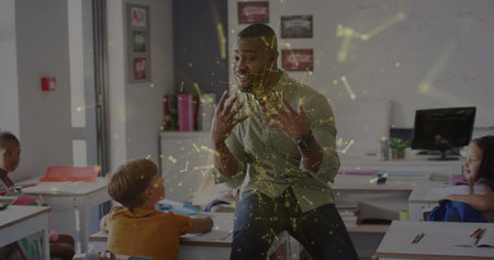 Image of networks over happy african american male teacher talking to pupils in class....