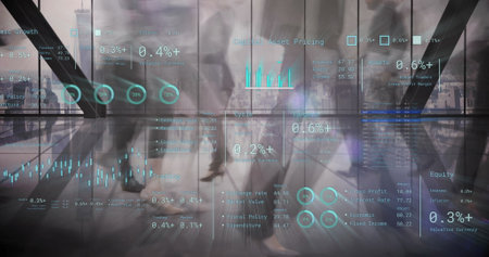 Image of financial data processing over people in office. Global business, finances, computing and...