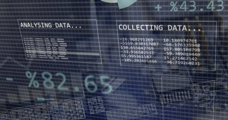Image of financial data processing over cityscape. Global business, finances, computing and data processing concept digitally generated image.の写真素材