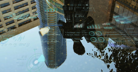 Image of financial data processing over man and cityscape. Global networks, business, finances,...