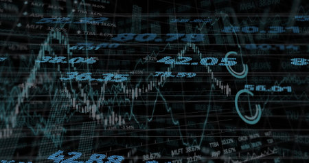 Image of financial data processing with numbers over black background. Global networks, business,...