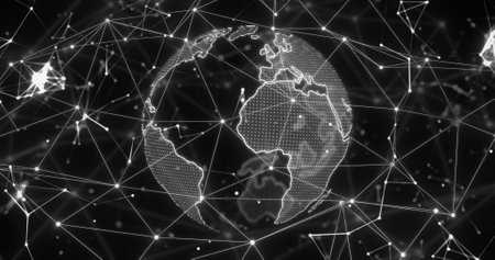 Image of globe with network of connections. Global networks, digital interface, computing and data processing concept digitally generated image.の写真素材