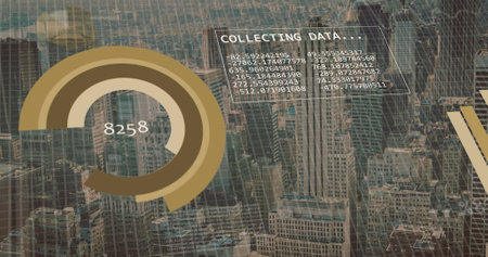 Image of financial data processing over cityscape. Global business, finances, computing and data...