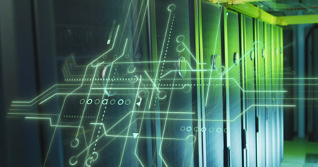 Image of integrated circuits over servers. network, programming, computers and technology concept...