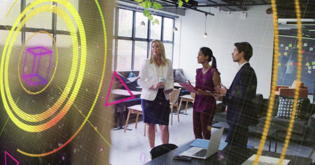 Image of financial data processing over diverse business people in office. Global business, finances, computing and data processing concept digitally generated image.の写真素材