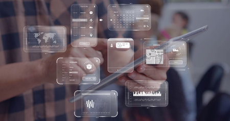 Image of data on screens over caucasian businessman with tablet. Global networks, business,...