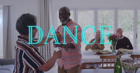 Image of dance text over diverse group of seniors dancing. senior home hangout and digital interface concept digitally generated image.の写真素材