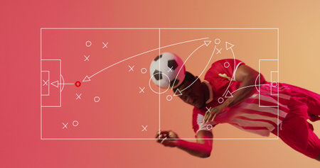 Image of african american male soccer player over stadium drawing. Global sport and digital interface concept digitally generated image.の写真素材