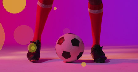 Image of male soccer player over shapes. Global sport and digital interface concept digitally generated image.の写真素材
