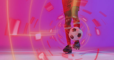 Image of african american male soccer player over shapes. Global sport and digital interface concept digitally generated image.の写真素材