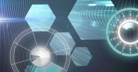 Image of scope scanning and data processing over digital hexagons screen. global technology and...