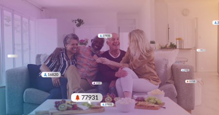 Image of media icons over diverse group of seniors using smartphone. senior home hangout and digital...