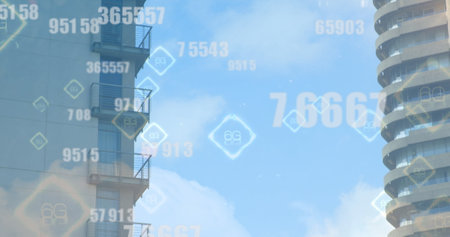 Image of numbers changing and 6g text over modern buildings. global networks, technology and digital interface concept digitally generated image.の写真素材