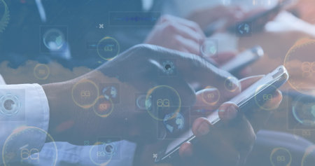 Image of 6g text, scopes scanning and business people using electronic devices. global networks,...