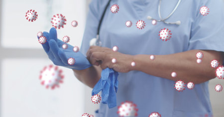 Image of virus icons over caucasian doctor wearing gloves. senior home hangout and digital interface...
