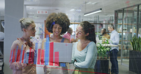 Image of data processing over diverse business people in office. Global business and digital interface concept digitally generated image.の写真素材