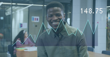 Image of data processing over diverse business people working in office. Global business and digital interface concept digitally generated image.の写真素材