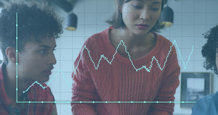 Image of data processing over diverse business people in office. Global business and digital...
