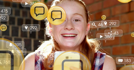 Image of digital icons over woman using smartphone. global social media, digital interface, technology and networking concept digitally generated image.の写真素材