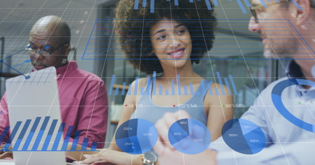 Image of data processing over diverse business people working at office. Global business and digital interface concept digitally generated image.の写真素材