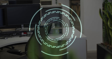 Image of scope scanning over empty office. Global business and digital interface concept digitally generated image.の写真素材