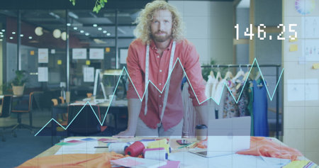 Image of data processing over caucasian businessman working at office. Global business and digital interface concept digitally generated image.の写真素材