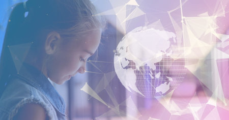 Network of connections over spinning globe against caucasian girl using smartphone. global...