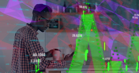 Financial data processing against african american man drinking coffee and using smartphone. global networking and technology conceptの写真素材