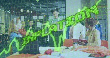 Image of data processing and inflation text over diverse business people working in office. Global...